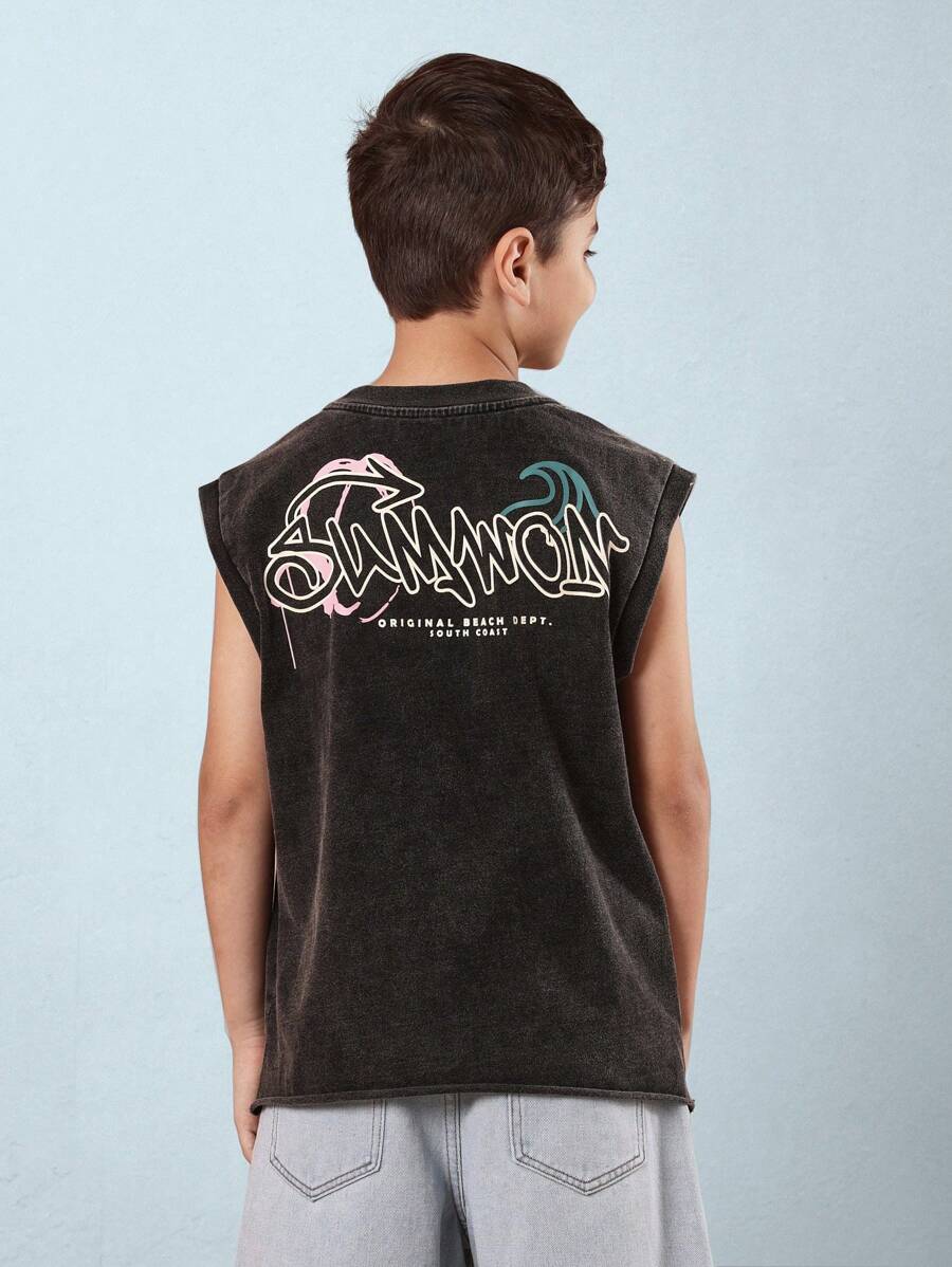 SUMWON Débardeur d'été plage logo vague impression sans manches décontracté athlétique plage surf vacances coton débardeur aventure extérieure sud côte natation sport entraînement