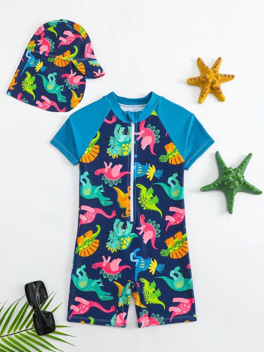 Traje de baño infantil de una pieza con cierre y estampado de dinosaurio de dibujos animados para niños pequeños, incluyendo gorro (Set de 2 piezas para niños pequeños - Traje de baño para jóvenes, ropa de natación para niños)