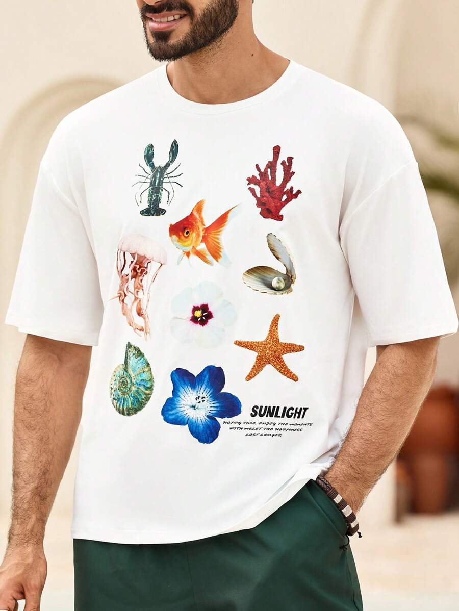 Manfinity VCAY Men's Ocean Creature Print Casual Short Sleeve T-Shirt