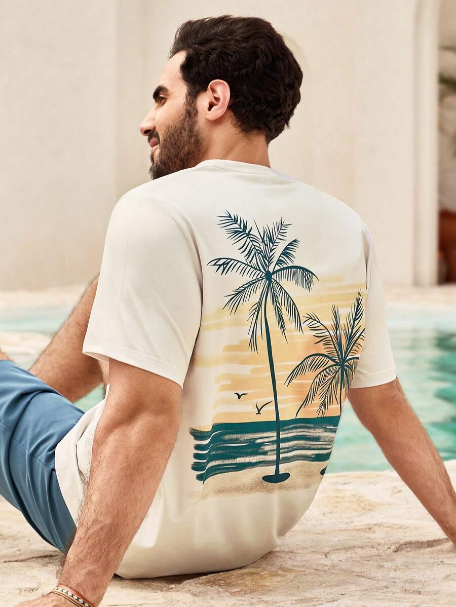 Manfinity VCAY Men's Casual Coconut Tree Graphic Print Slim Fit Crew Neck Short Sleeve T-Shirt, Summer