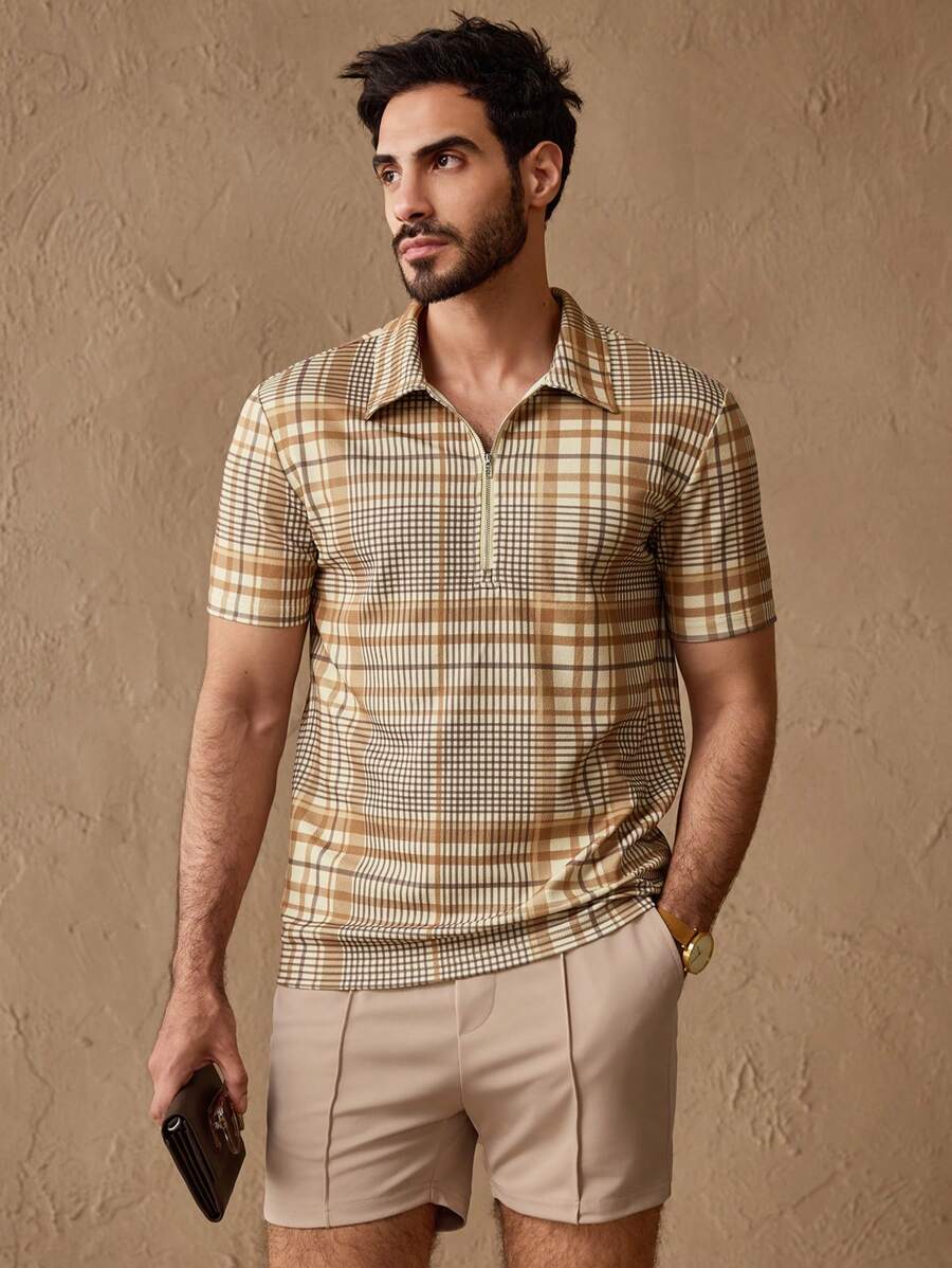 Manfinity ModaGents Set de 2 piezas de camisa polo de punto con cremallera y rayas, y shorts casuales para hombre, conjunto de polo ajustado