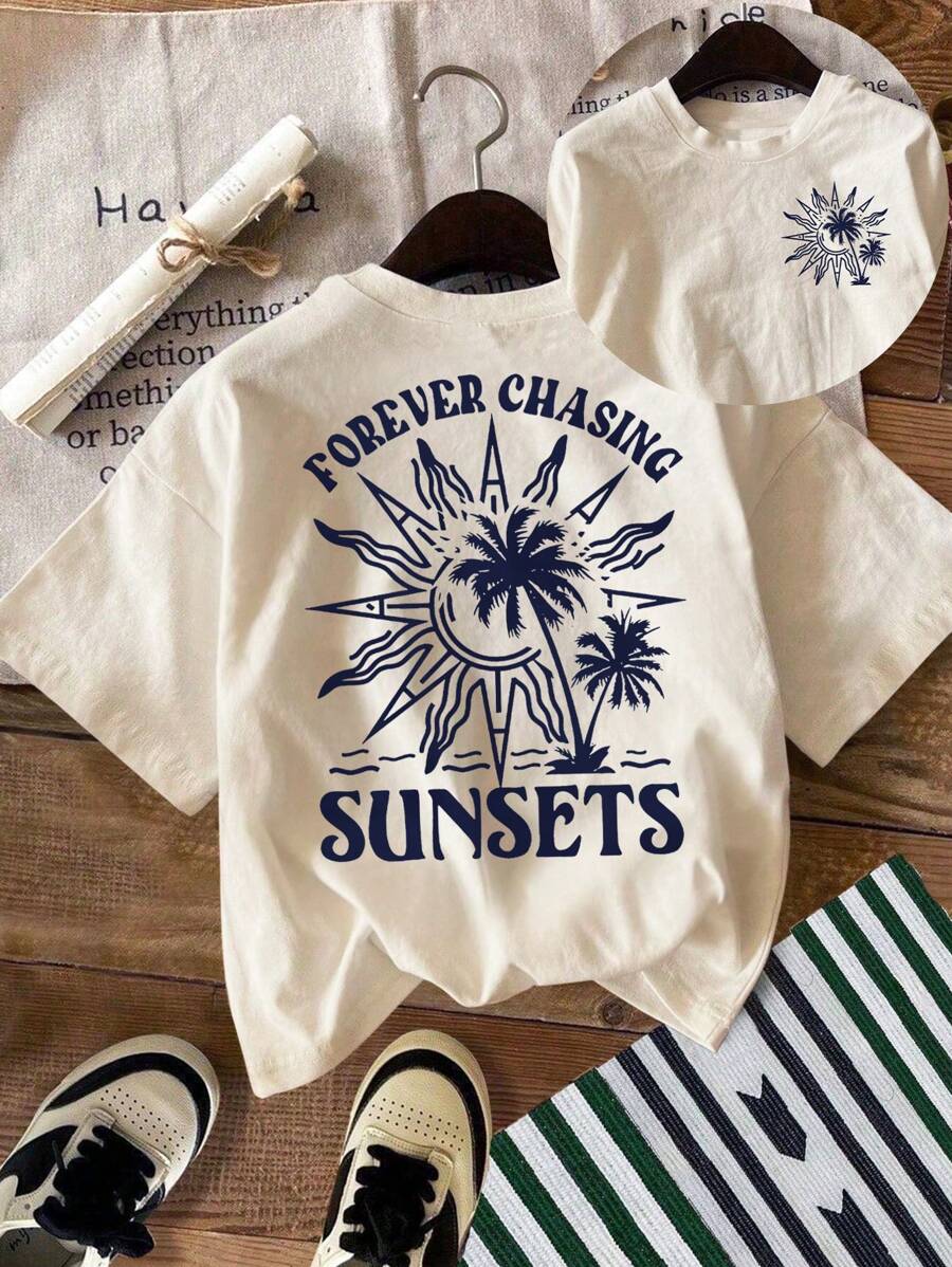 SHEIN EZwear Camiseta casual de mujer con estampado de letra de árbol de palma