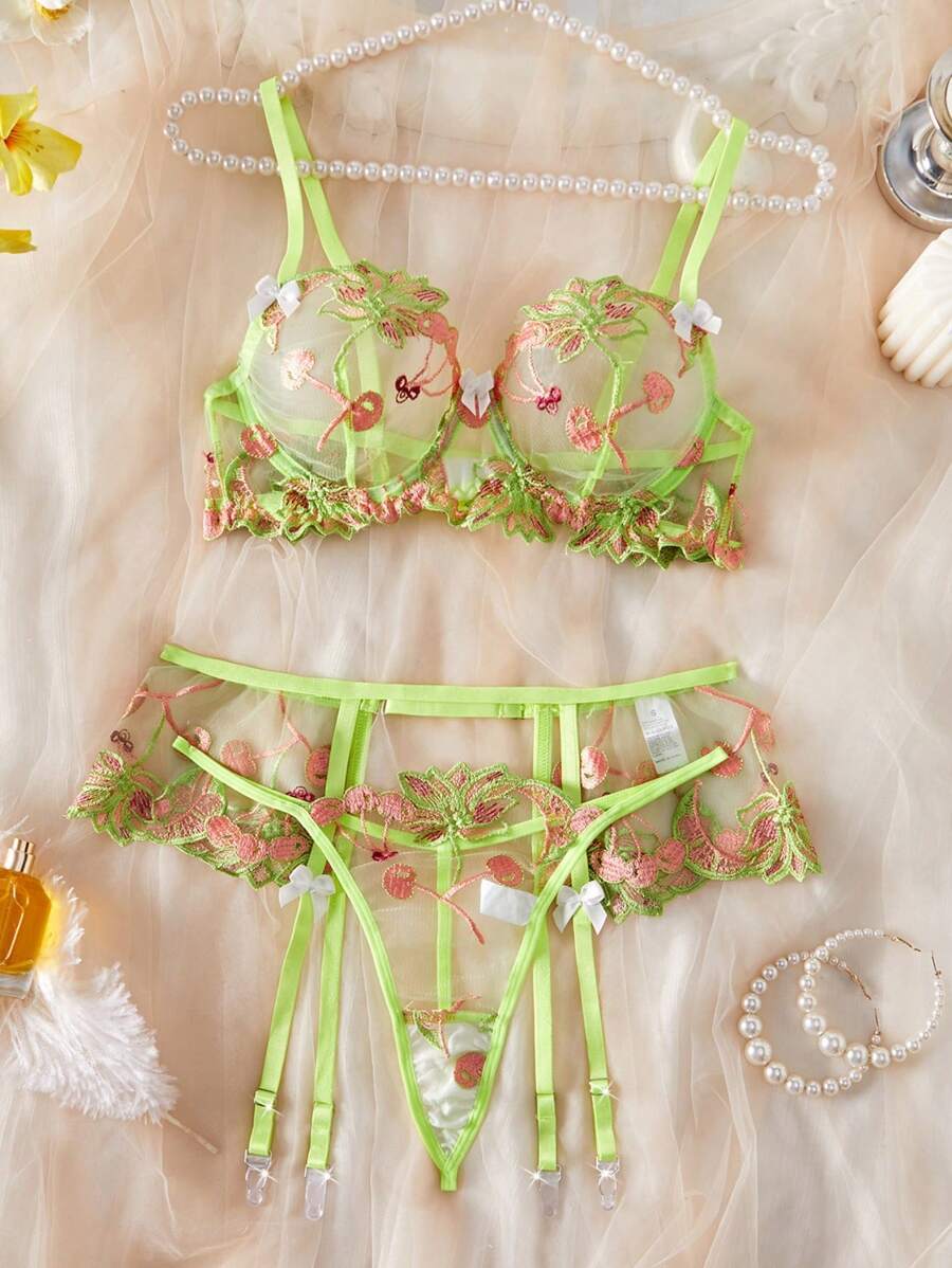 SHEIN Conjunto de 3 piezas de sujetador inalámbrico con bordado para mujer