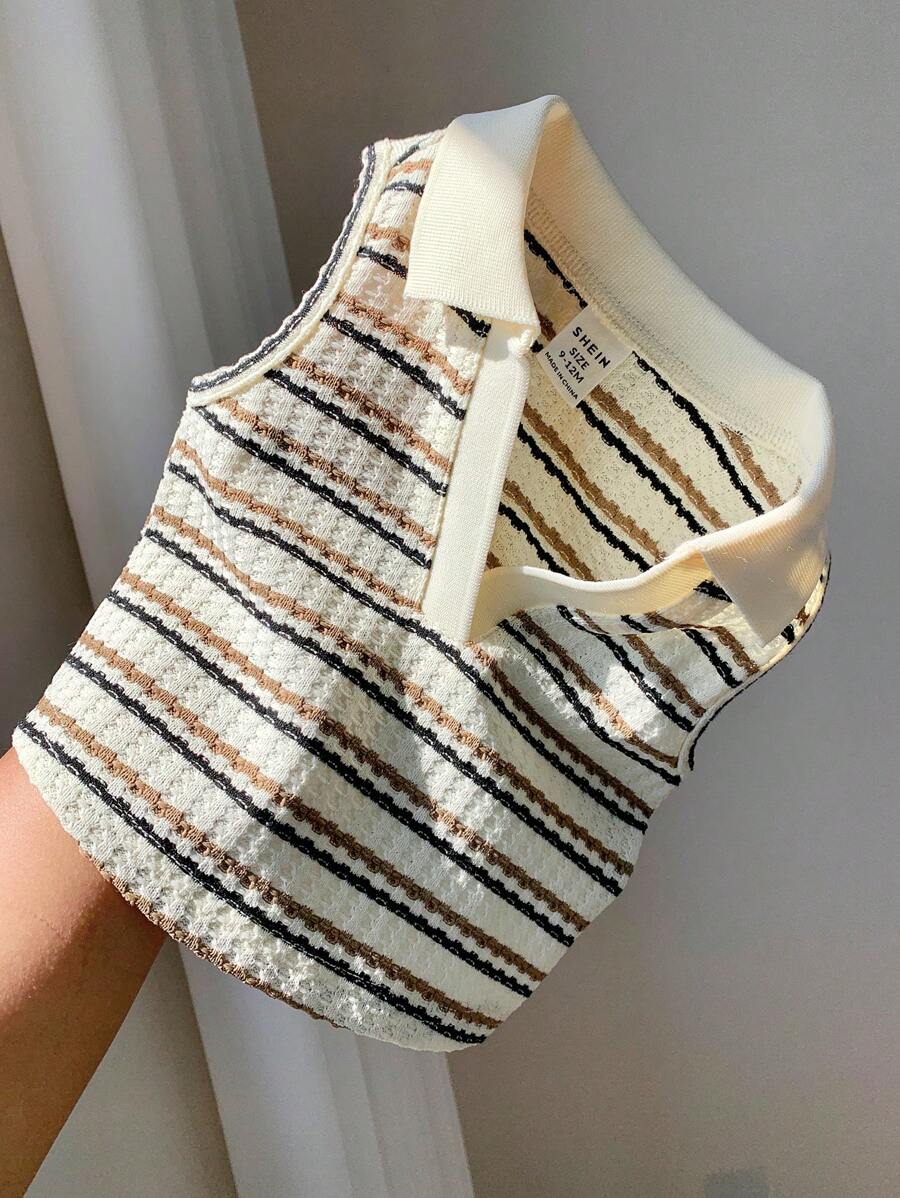 SHEIN Babygirl Cute Striped Knit Sleeveless Polo Shirt, Versatile For Summer