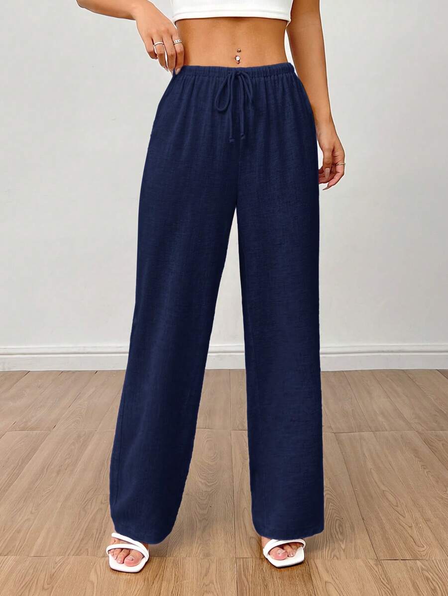 SHEIN PETITE Pantalones anchos de verano de lino con cintura alta para mujeres
