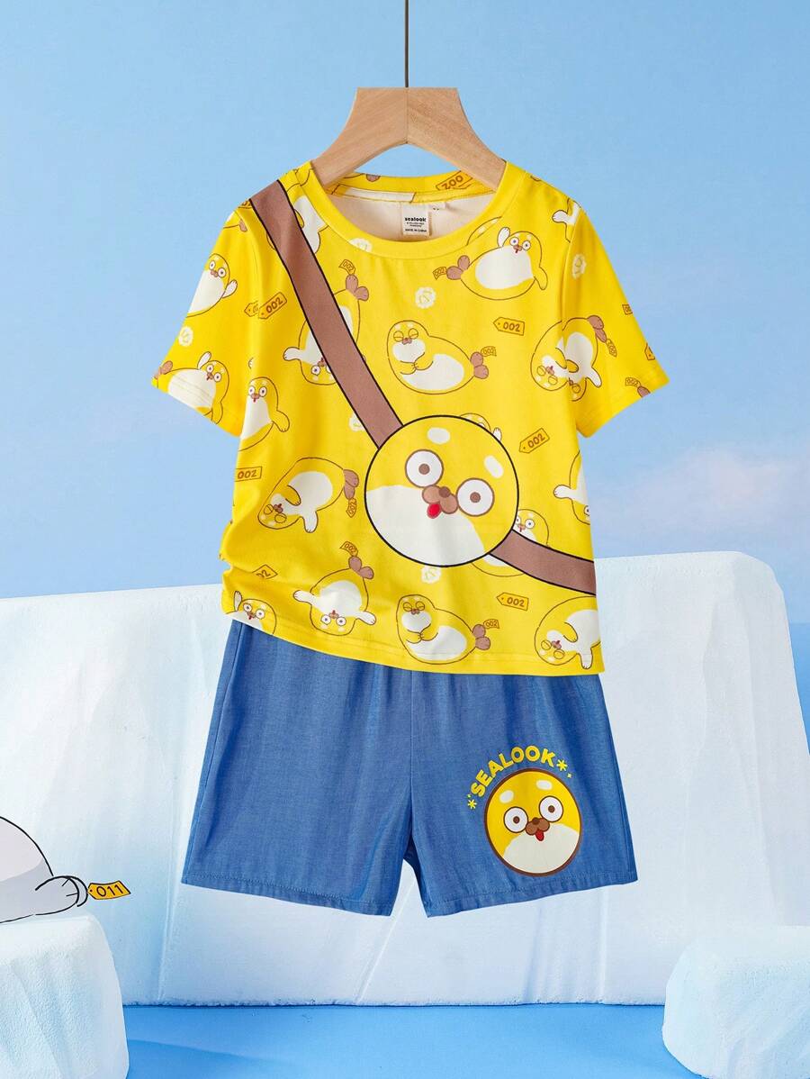 SEALOOK X SHEIN Kleine Jungen Cartoon Seehund Muster gelbes witziges lässiges Kurzarm T-Shirt und blaue Jeansshorts Set