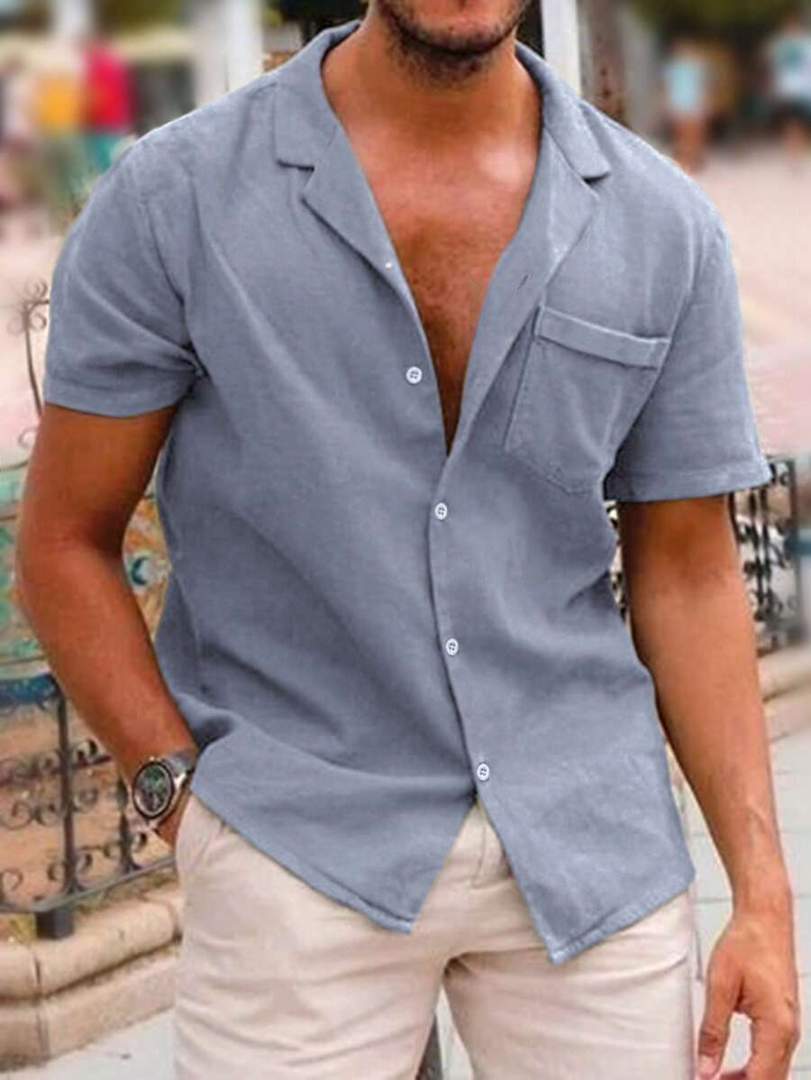 Manfinity RSRT Men's Minimalist Solid Color Front Button Short Sleeve Shirt, Summer