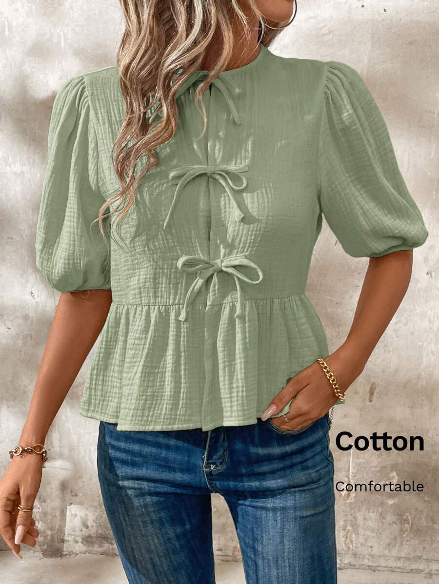 SHEIN Clasi Women's Summer Puff Sleeve Ruffle Hem Cute Peter Pan Collar Tie Front Blouse
