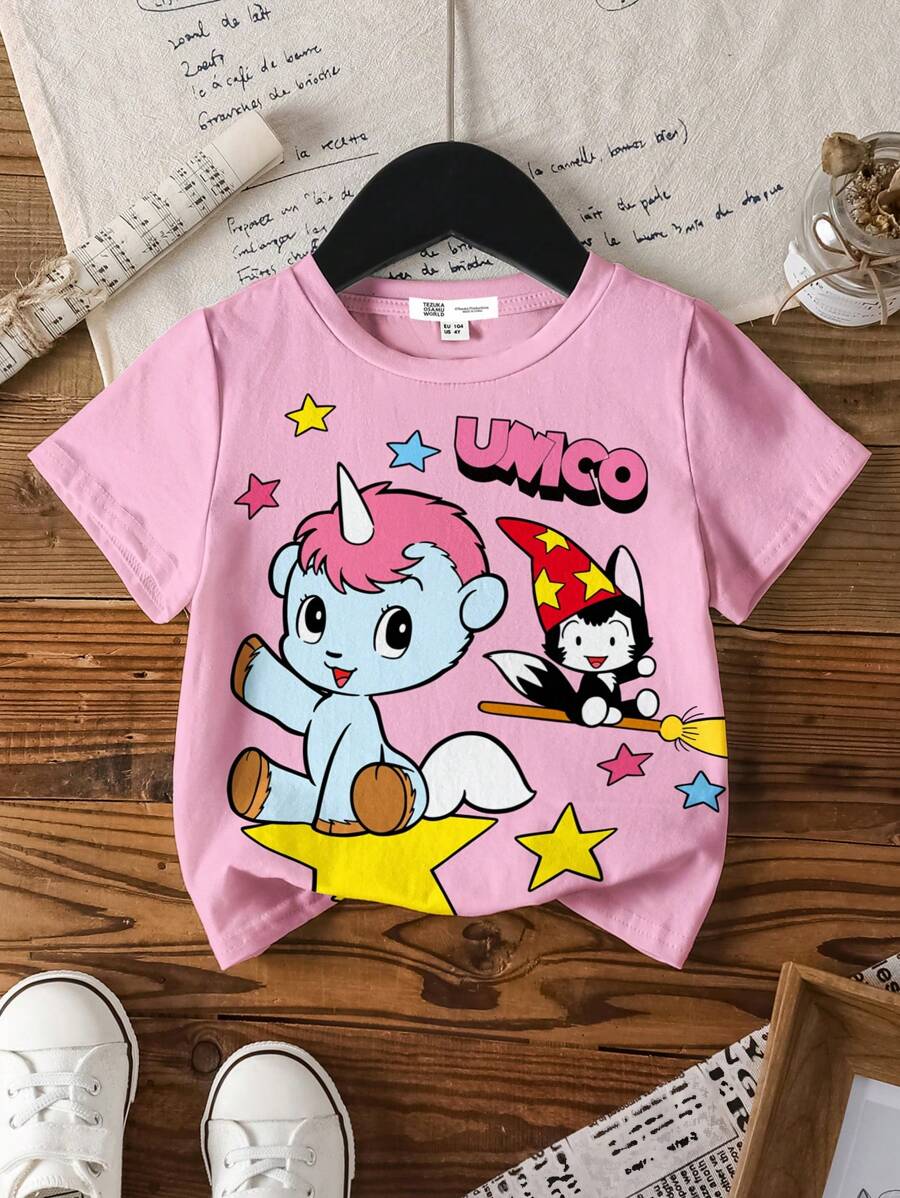 Unico X SHEIN Young Girl Pink Crew Neck Short Sleeve Casual Cartoon Cute Pony Star Print T-Shirt