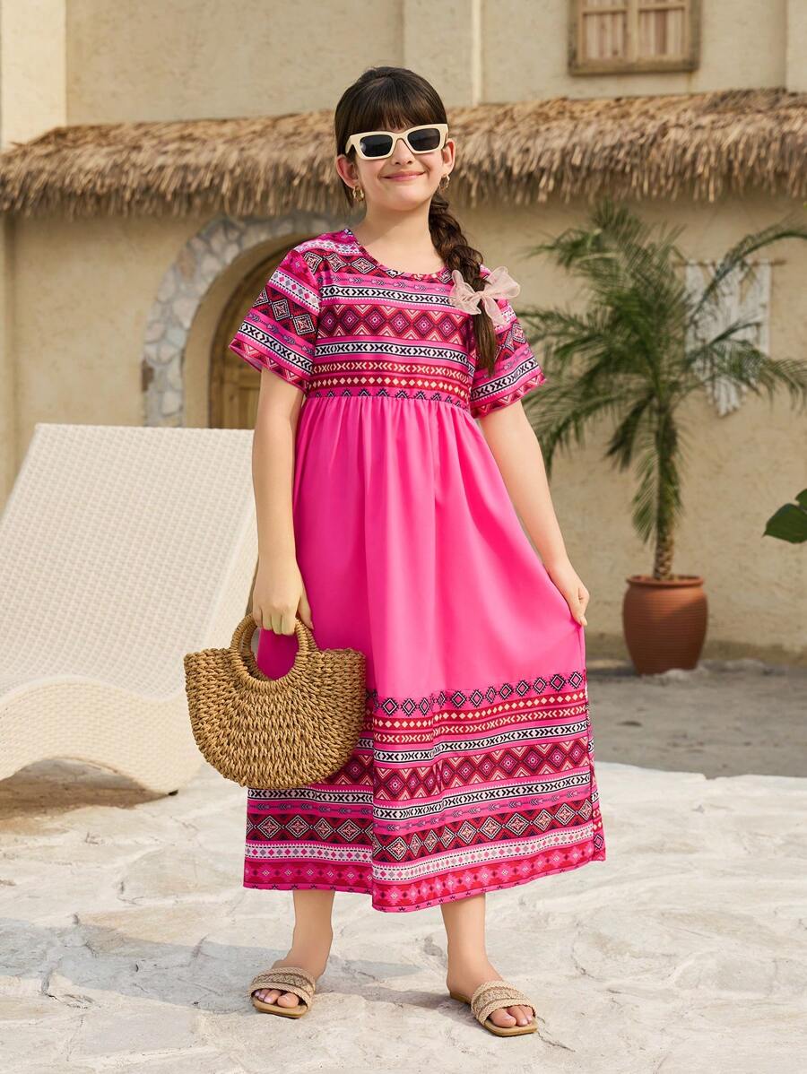 Vestido casual con estampado floral amarillo para niñas preadolescentes