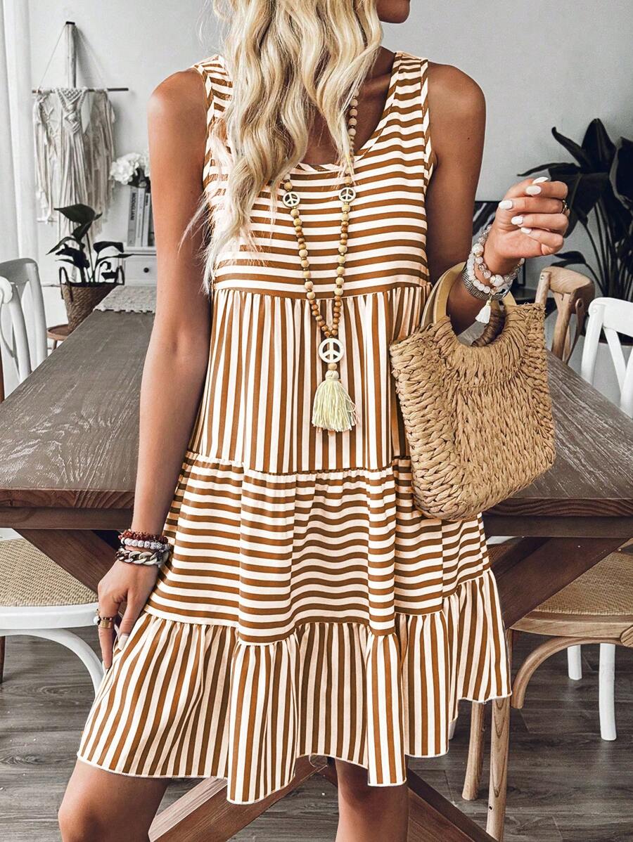 SHEIN LUNE Vacation Casual Striped Women's Dress, Fashionable For Summer