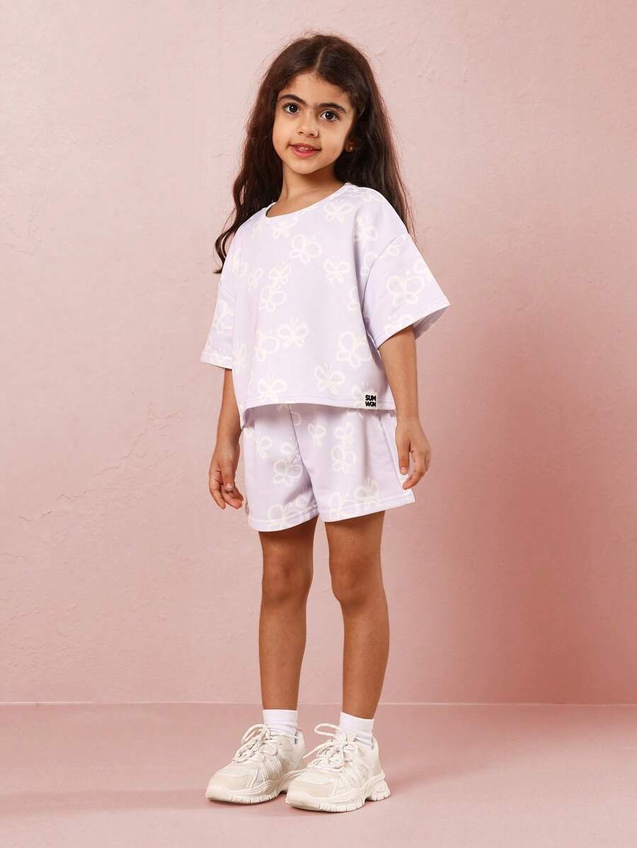 SUMWON Butterfly Print Summer Two Piece Set Girls Lounge Wear Wide Athletic T-Shirt Short Set Casual Cozy Spring Holiday Sports Wear