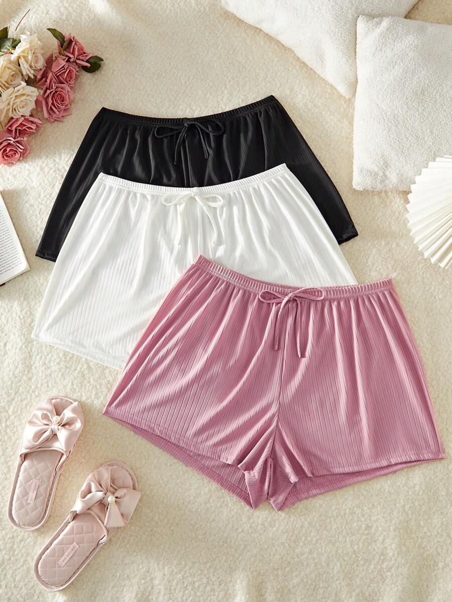 SHEIN 3pcs Plus Size Knit Jacquard Striped Loungewear Loose Casual Sleep Shorts Set