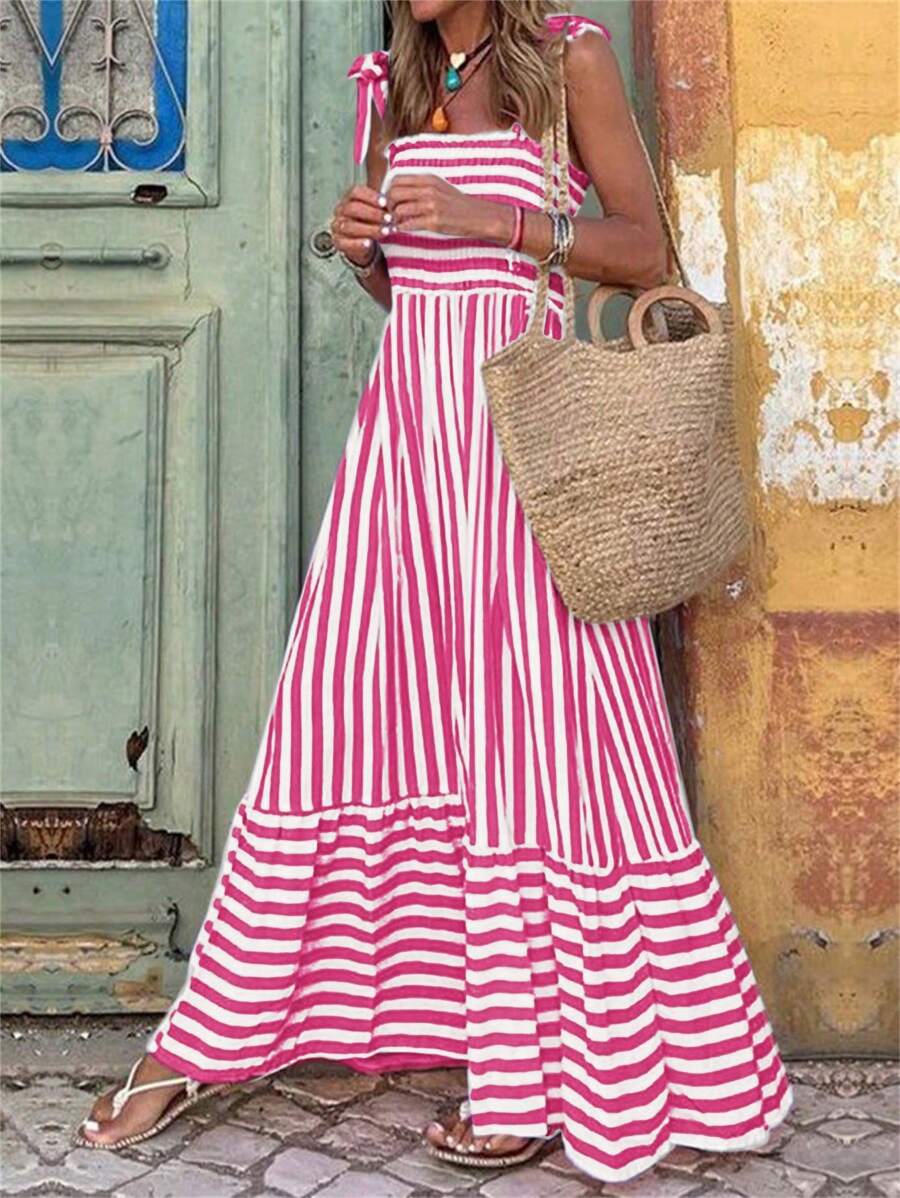 Breezaya Women's Shoulder Strap Chest Gathered Striped Dress Maxi Vacation Beach Outfit