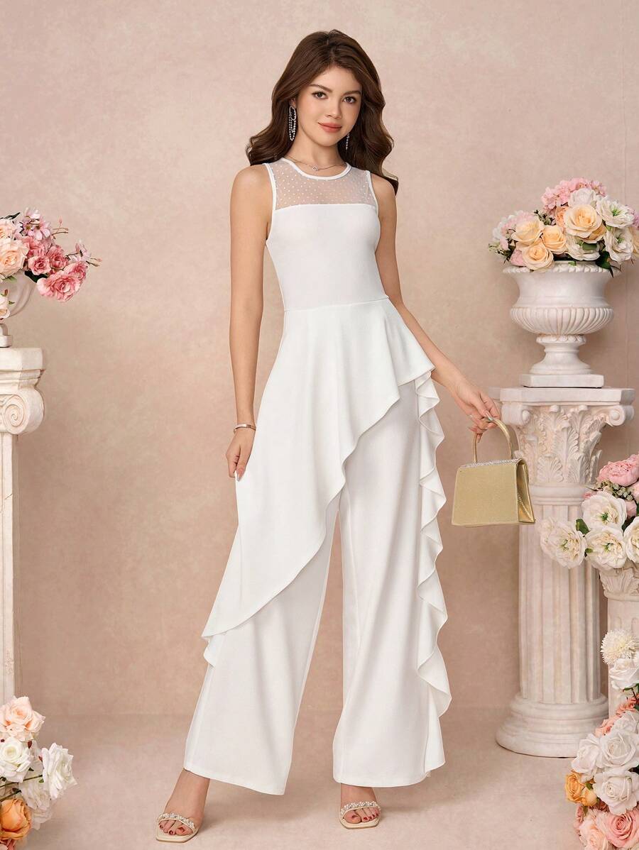 SHEIN Pitira Teen Girl White Solid Color Stitching Lace Backless See-Through Elegant Sweet Ruffle Jumpsuit, Elegant Luster, Suitable For Summer, Parties, Birthday Parties, Career Parties And Bridesmaid Parties