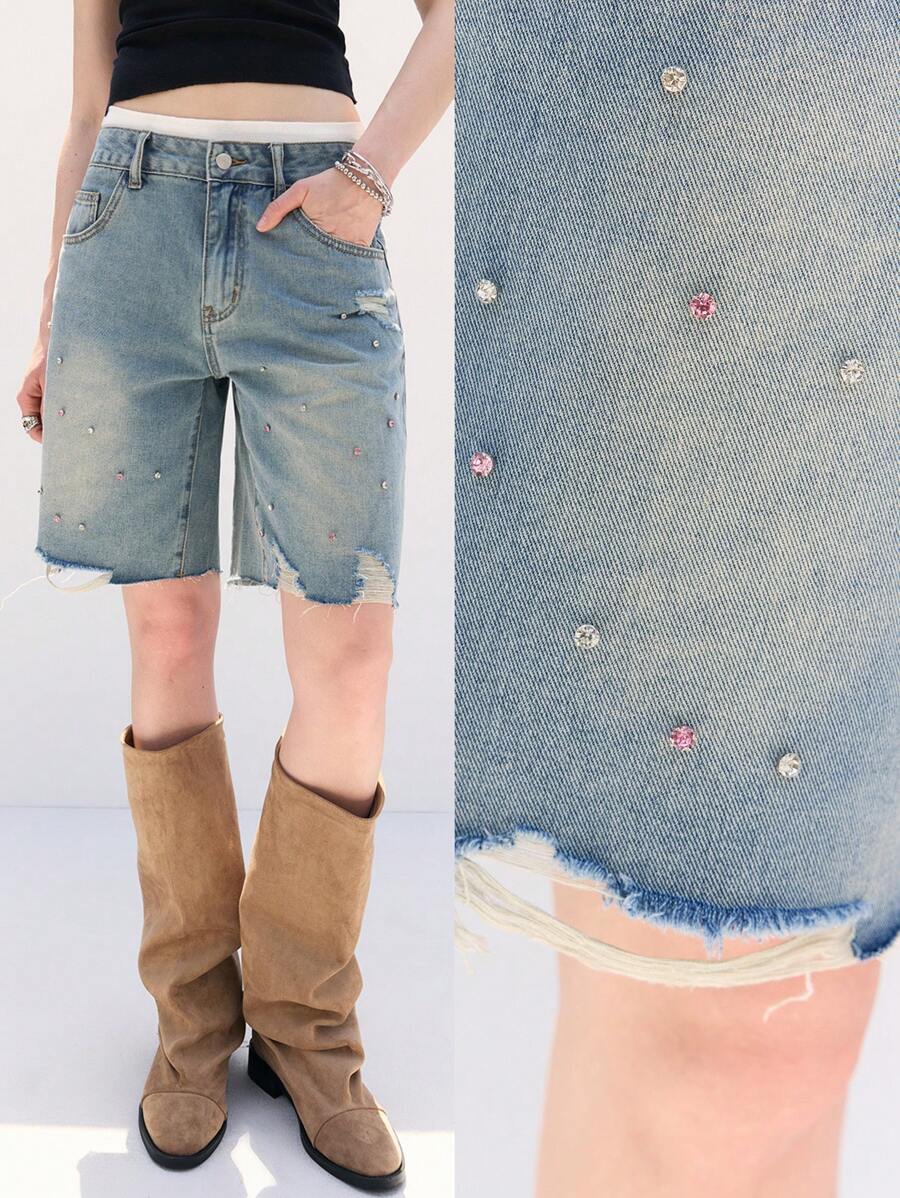 LYSMO Pantaloncini di jeans casual e morbidi da donna con decorazioni di strass, tasche e frange sul bordo