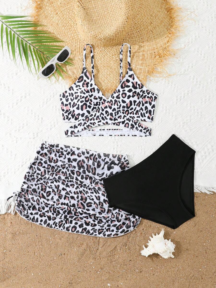 SHEIN Conjunto de 3 piezas de traje de baño de moda con estampado para adolescentes, apto para el verano