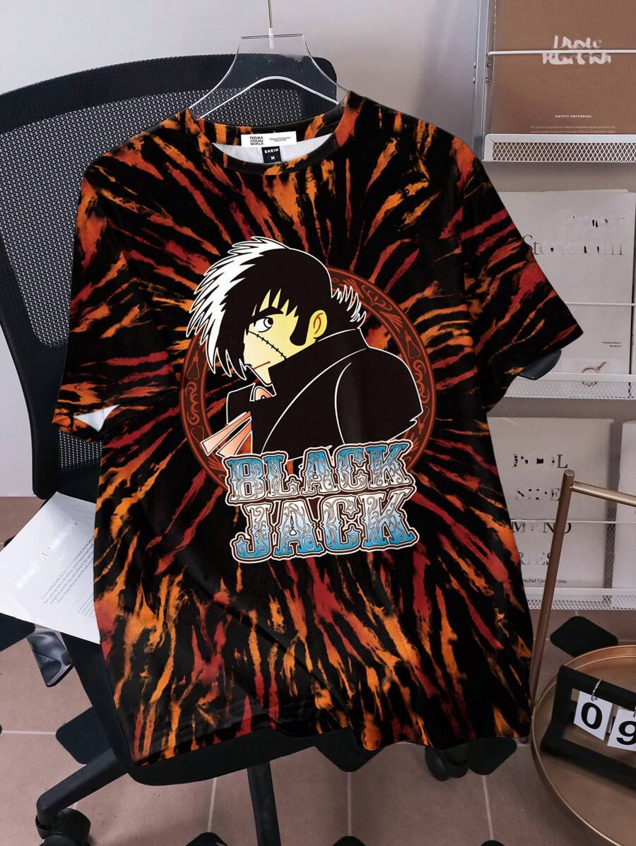 Black Jack X SHEIN Men Tie Dye Orange & Black Cartoon & Letter Graphic Round Neck Short Sleeve Summer T-Shirt