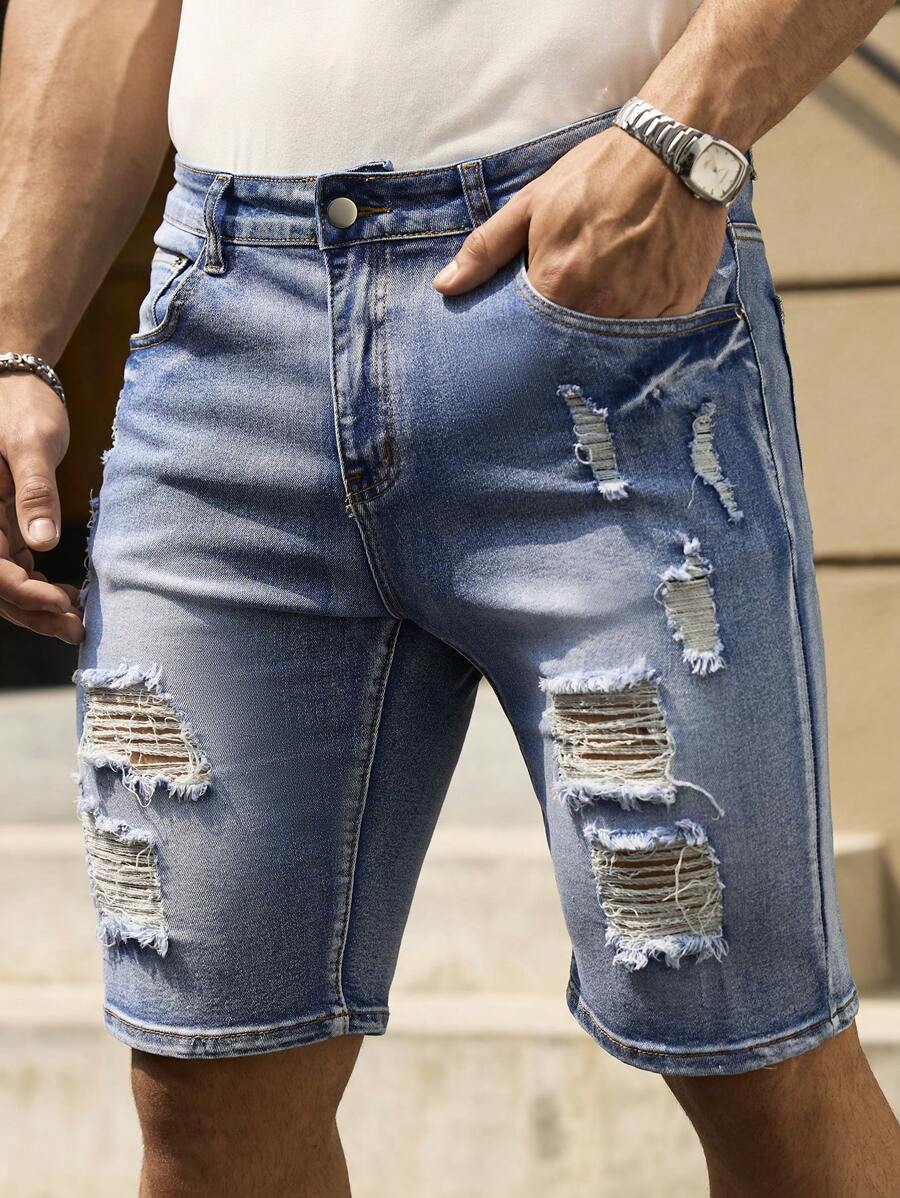 RivetRise Men's Summer Casual Washed Distressed Skinny Denim Shorts Jorts Ripped Jean Shorts Men