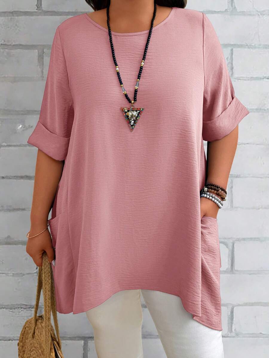 EMERY ROSE Blusas informales holgadas para mamá de talla grande, de cuello redondo, manga corta y bolsillo doble, en color azul, para verano