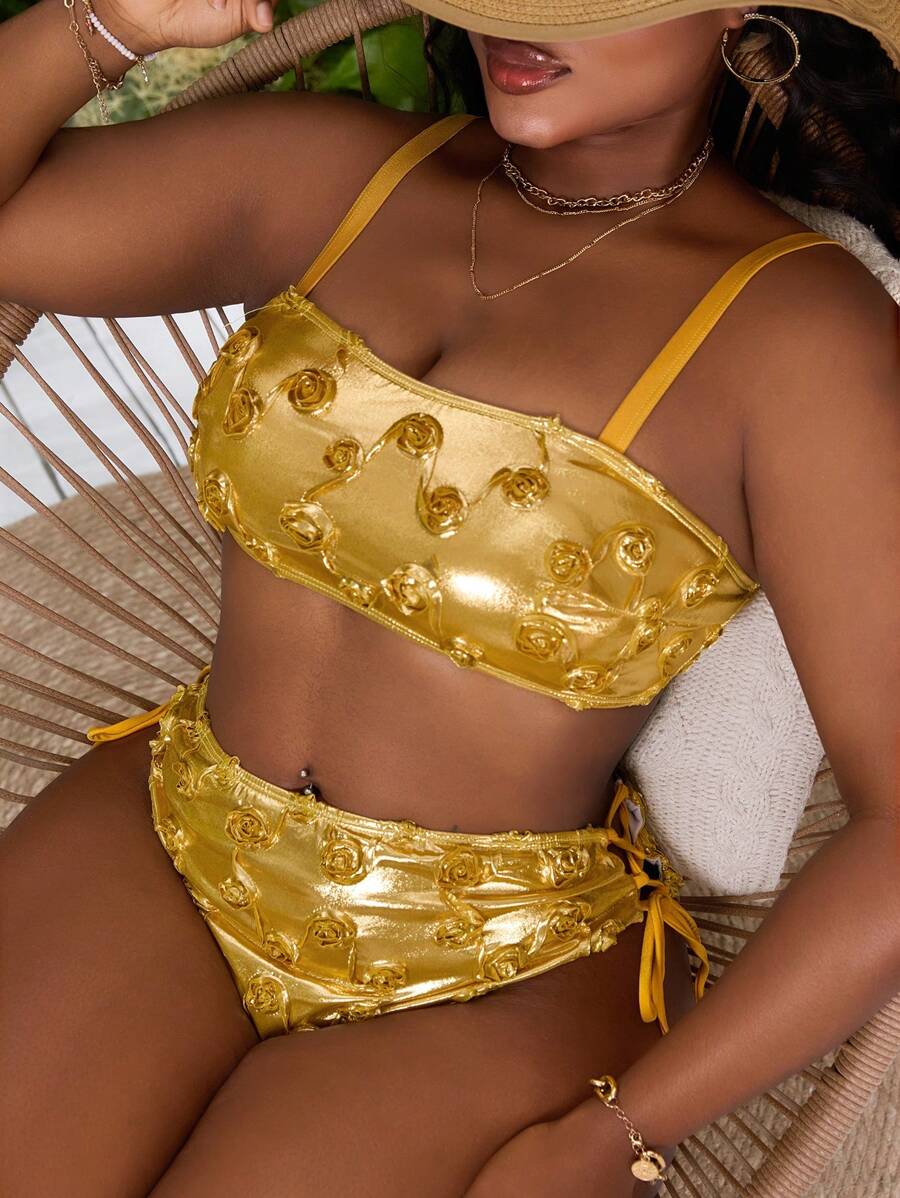 Slaydiva 2pcs Plus Size Women Metallic Pu Rose Decor Camisole + Backless Sports Bra Tankini Swimsuit, Fashion Beach Holiday