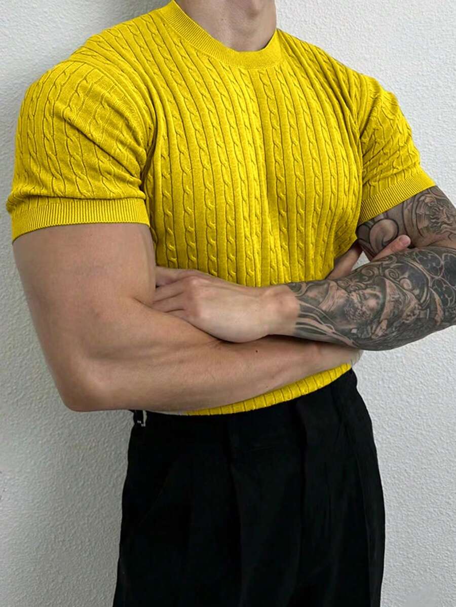 Manfinity Homme Camiseta casual de punto de manga corta y cuello redondo con patrón de cable para hombre