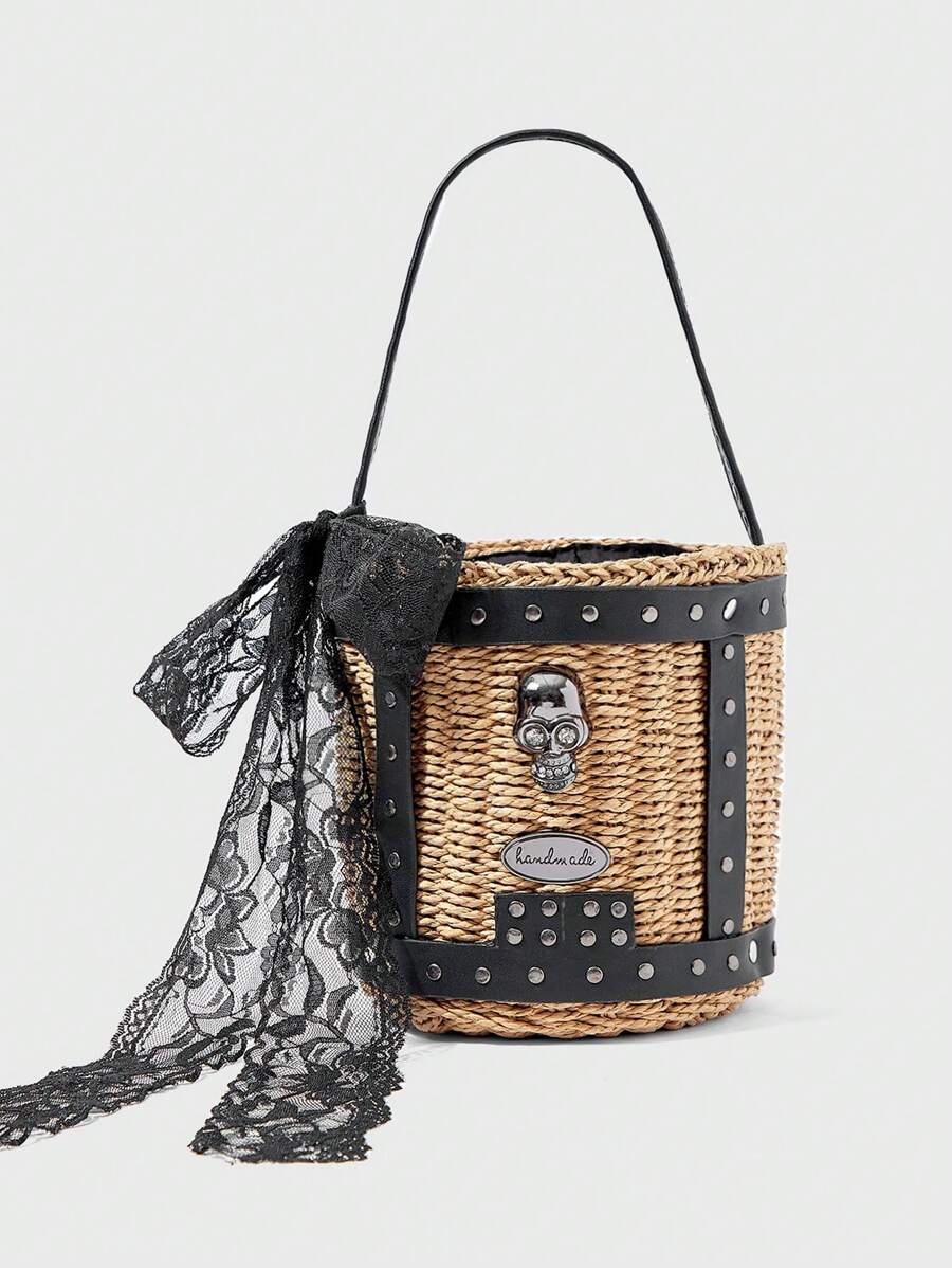 ROMWE Goth Moda feminina contraste cor caveira decoração bolsa de ombro tecida