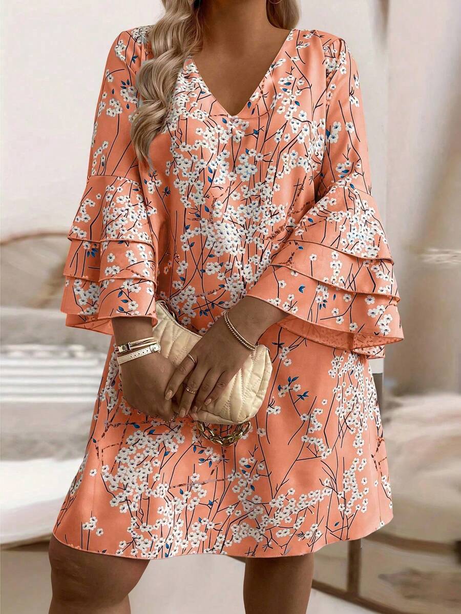 EMERY ROSE Sukienka midi z dekoltem w serek i drobnymi kwiatowymi detalami, z falbankami i rękawami w dużych rozmiarach, prosta, swobodna sukienka na wakacje
