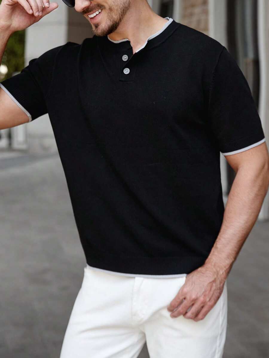 Manfinity Homme Camisa de punto de manga corta con botones y ribete de contraste para hombre, ideal para el verano