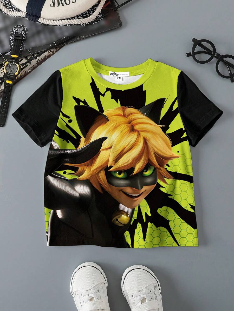 Miraculous Ladybug X SHEIN Young Boy Cartoon Contrast Color Print Full Print Casual T-Shirt