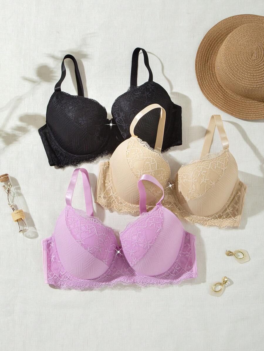 Snug Zone 3 pièces/Set Soutien-gorge sans fil confortable avec empiècement en dentelle, grande taille, réglable et avec effet push-up