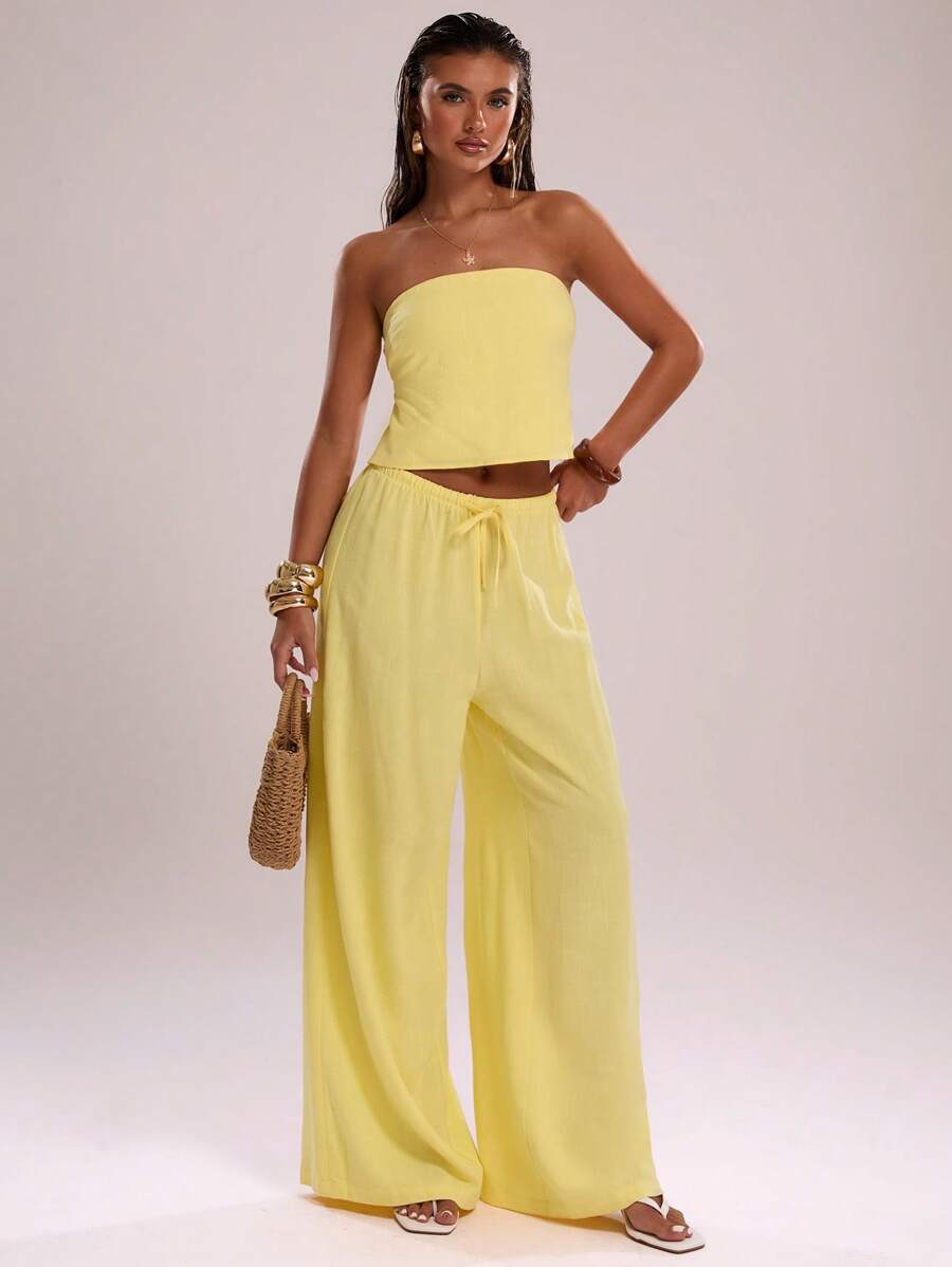 SHEIN BAE Canotta estiva da donna in lino, sexy e con schiena scoperta, lacci, casual, per vacanza o uscite in spiaggia, colore crema giallo