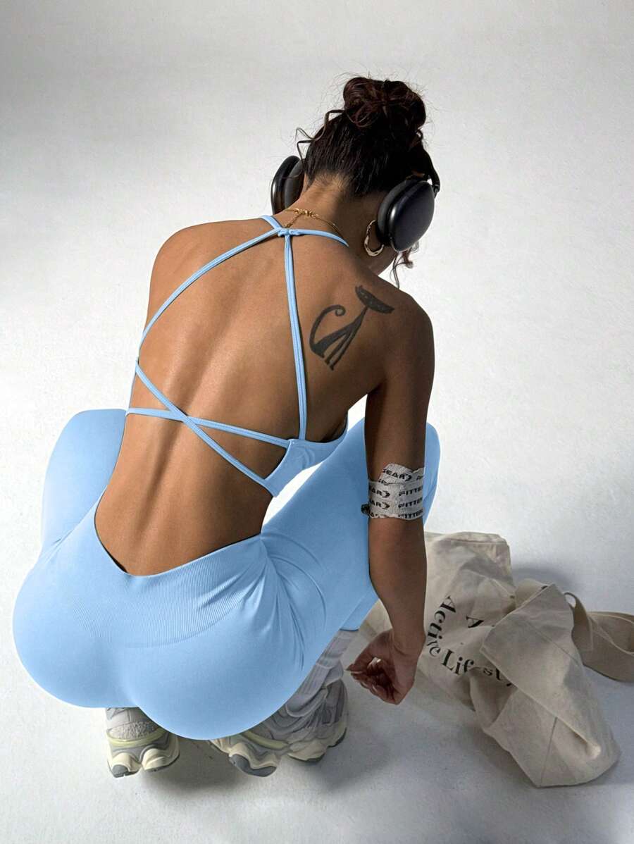 SHEIN Sport Studio Set da donna con canottiera plissettata e leggings a tinta unita, da sport