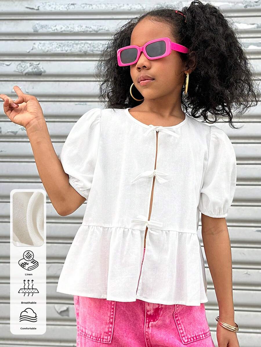 Coolane Conjunto de ropa informal para niñas preadolescentes de primavera/verano, atuendo lindo para vacaciones de primavera, blusas blancas con tirantes con lazo y mangas abullonadas cómodas