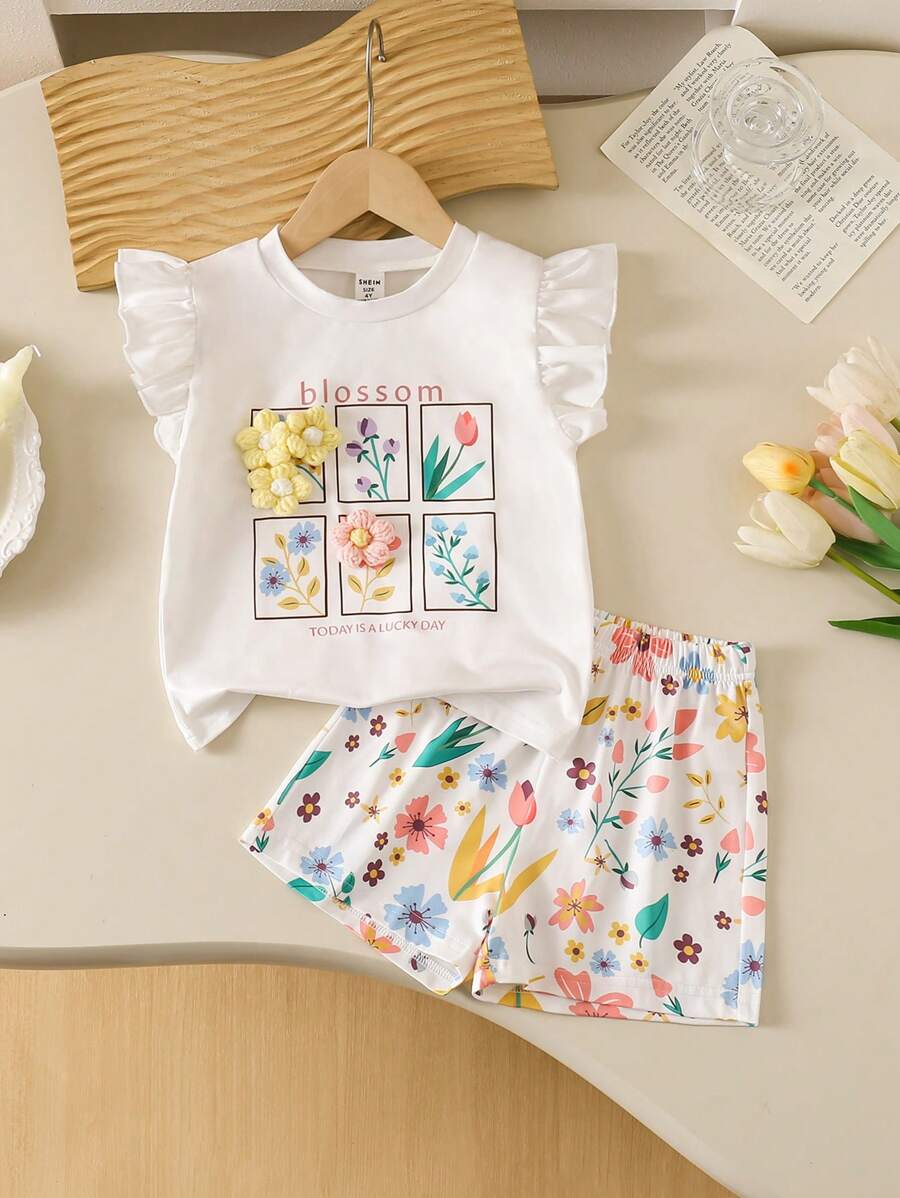 Set de 2 piezas: Blusa de manga corta con cuello redondo y estampado floral + pantalones cortos estampados, conjunto casual y lindo adecuado para exterior, uso diario, primavera/verano para niña joven