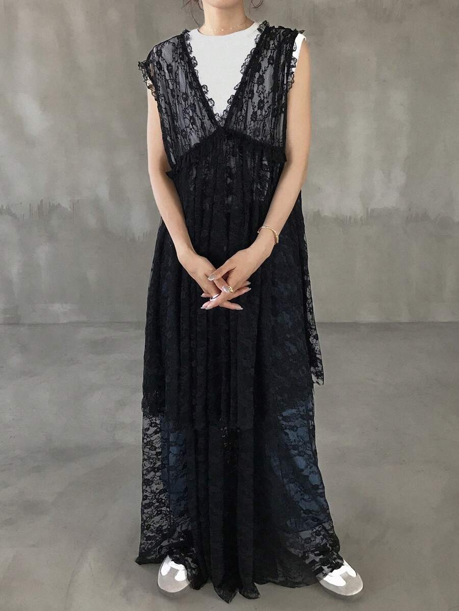 FRIFUL Women Mesh Lace Frill Edge Cami Layer Long Solid Color Casual Dress, Summer Streetwear