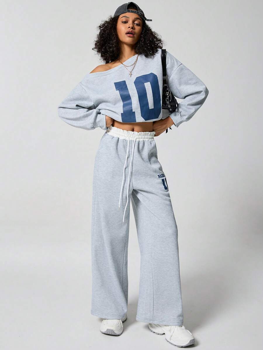 SHEIN EZwear Girls Y2K Preppy Daily Wear Number Printed Keep Warm Asymmetrical Neck Long Sleeve Sweatshirt And White Elastic Waistband Wide Leg Sweatpants