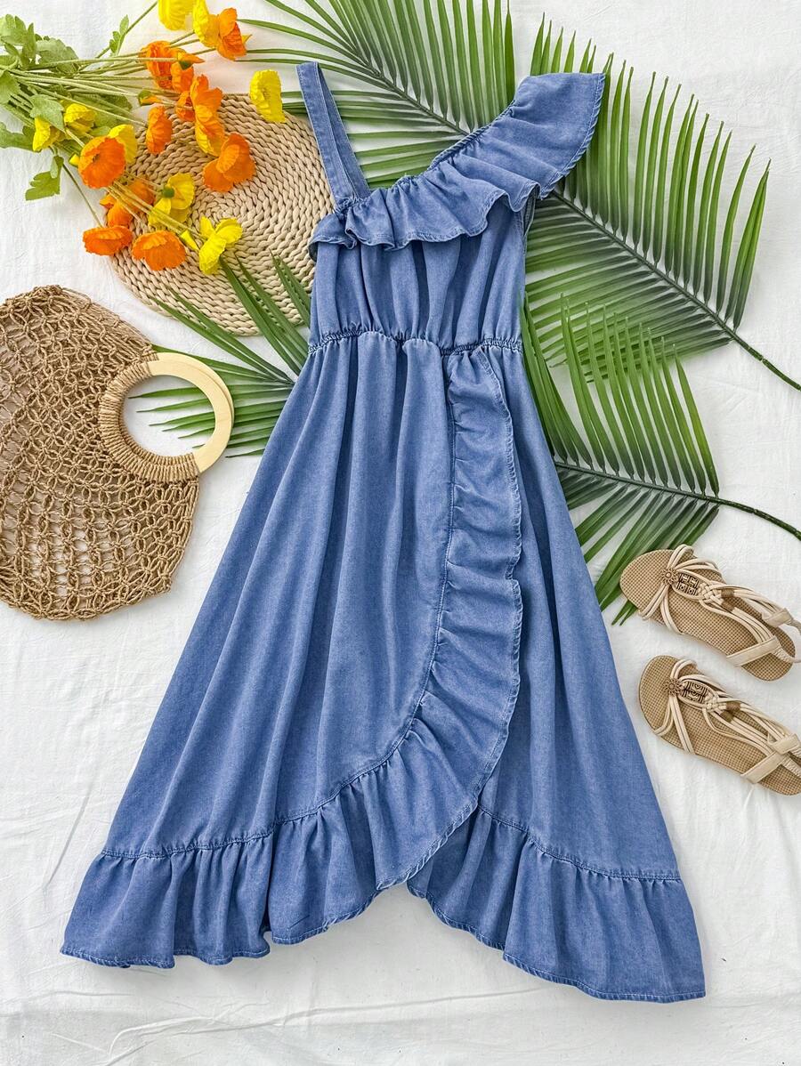 SHEIN Vestido camiseta con volantes y ribete de mujer adolescente de denim azul