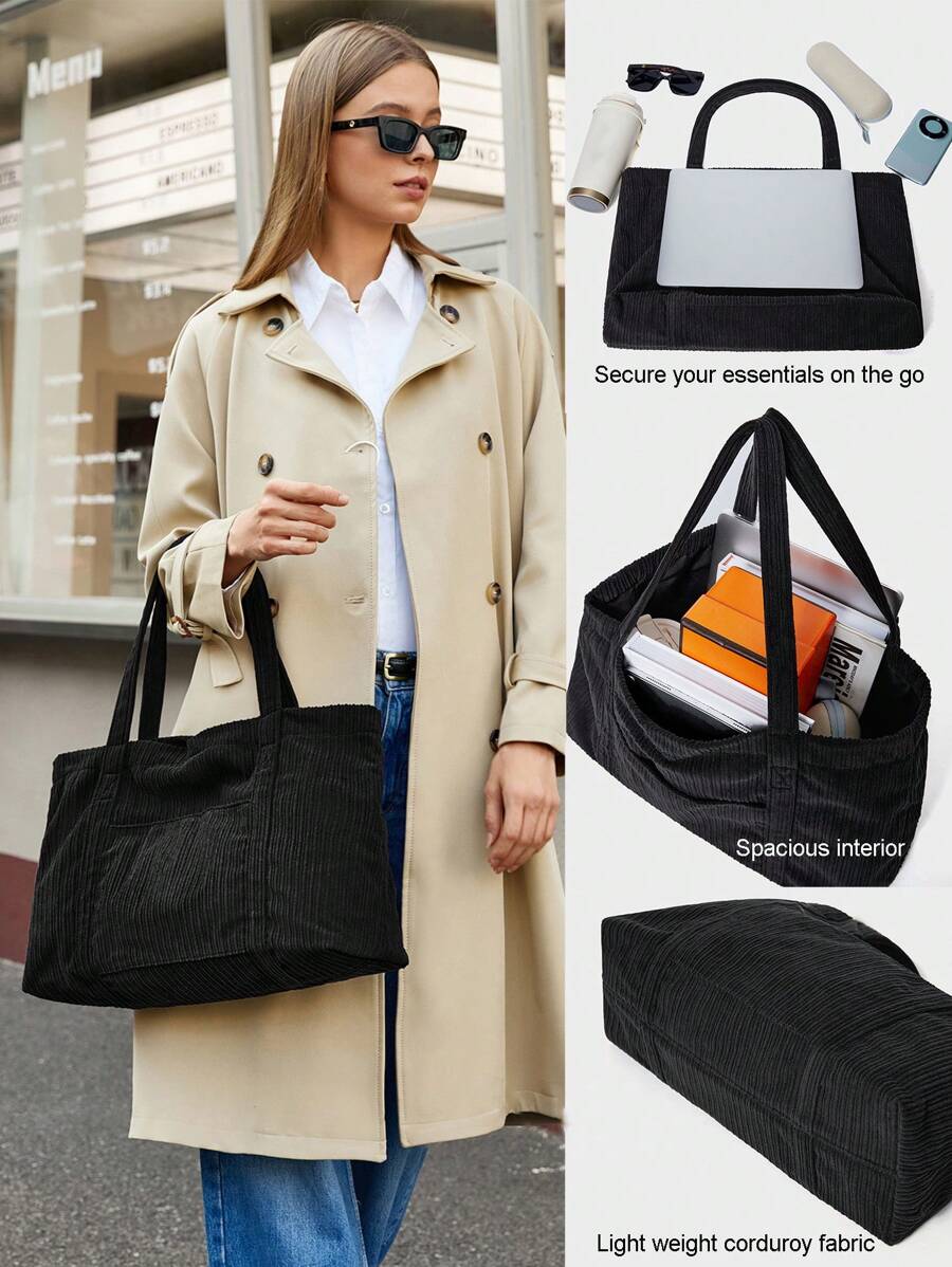SHECARRY Solid Color Corduroy Tote Bag Suitable For Women's Daily Use