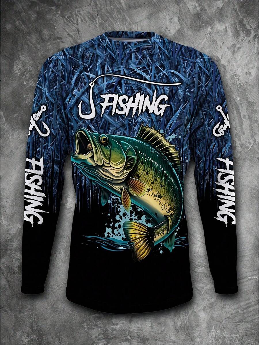 Manfinity Homme Men's Long Sleeve Casual Fishing T-Shirt - 3D Fish Print, Round Neck, Polyester, Black & Blue Gradient Tee, Ideal For Outdoor Activities