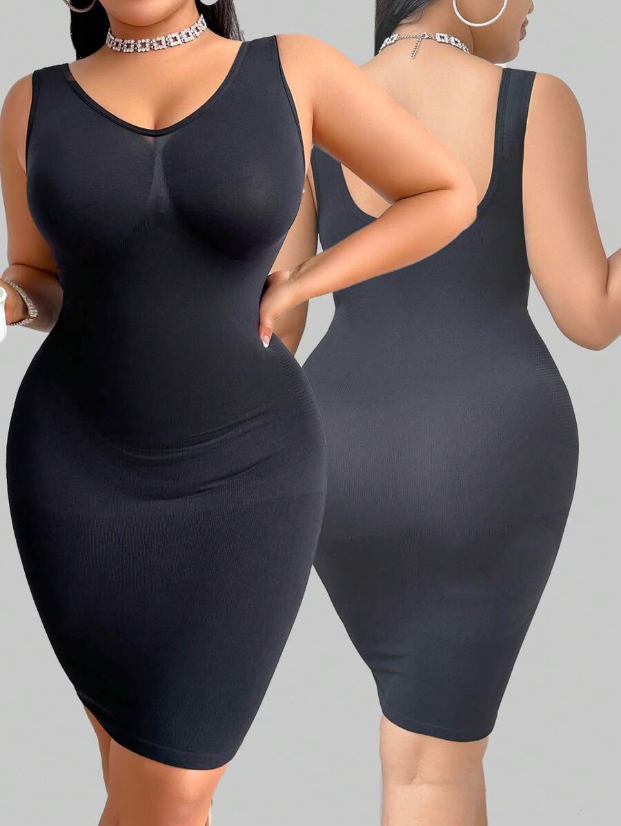 SHEIN Vestido tipo funda de talla grande de color liso y elástico que da forma, para el verano