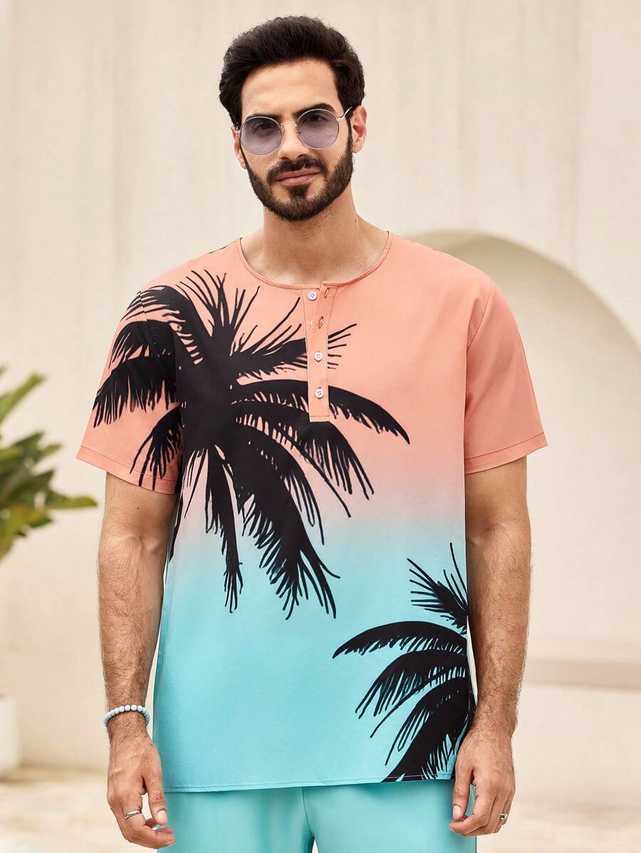 Manfinity VCAY Camisa de manga corta casual y entallada para hombres con estampado de ombre de palmeras y cielo, adecuada para el verano