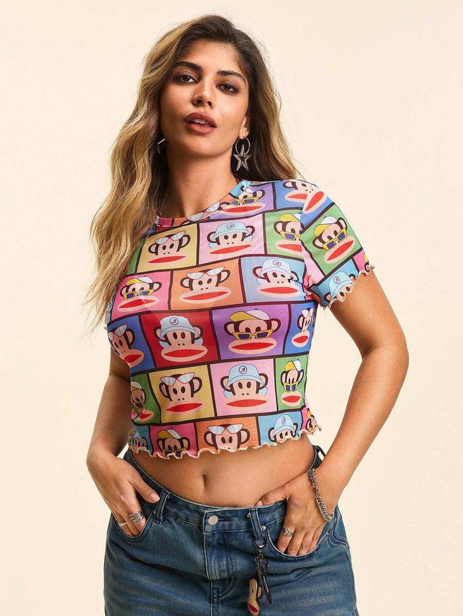 Paul Frank X SHEIN Maglietta da donna oversize con motivo a scimmia cartone animato, semi-trasparente, stile Y2K kawaii, adatta per vacanze estive e festival musicali