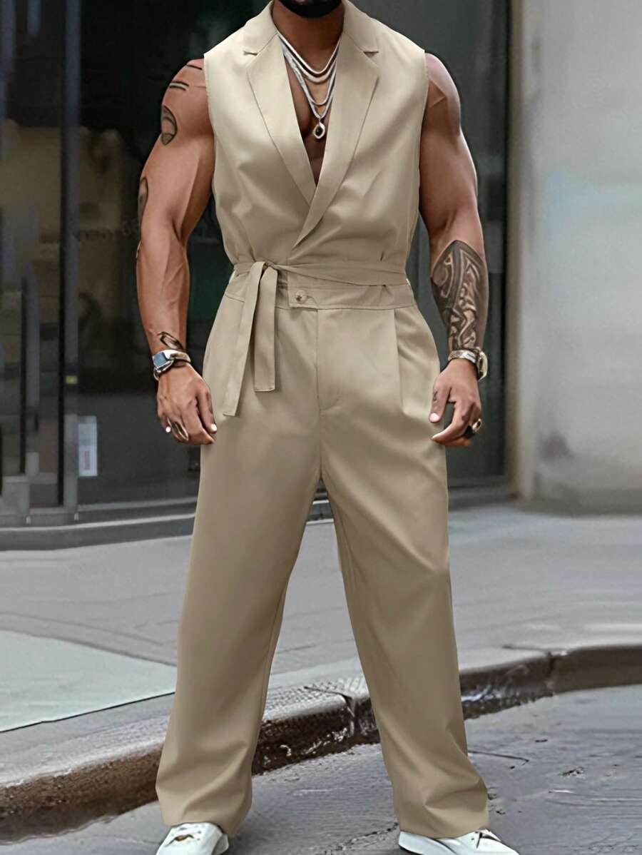 Manfinity Homme Men's Solid Color Twist Crossed Wrap Sleeveless Jumpsuit Men Jumpsuit