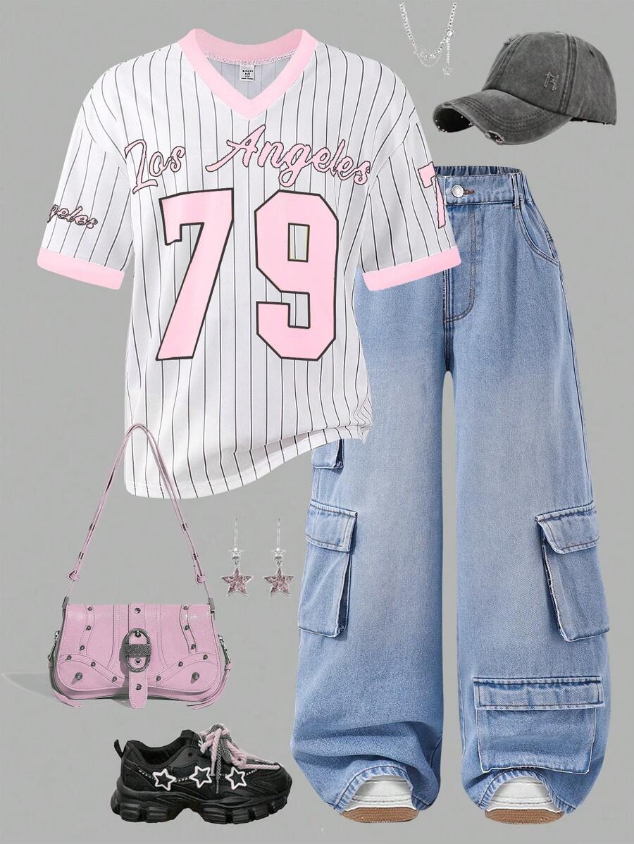 SHEIN Tween Girls' Casual Sports Jersey, Letter & Number Print V-Neck T-Shirt
