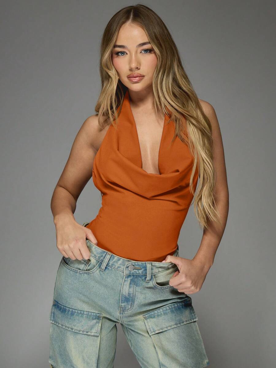 MISSGUIDED Body con cuello de canguro, espalda descubierta, diseñador para fiesta, evento, club, cóctel, ocasión, estilo halter, alta moda, verano, primavera, salida nocturna, enunciado, drapeado, ajustado, vestimenta de noche
