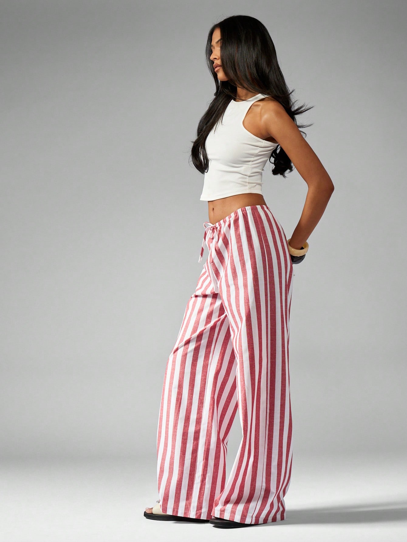 MISSGUIDED Striped Wide Leg Drawstring Palazzo Style Pants