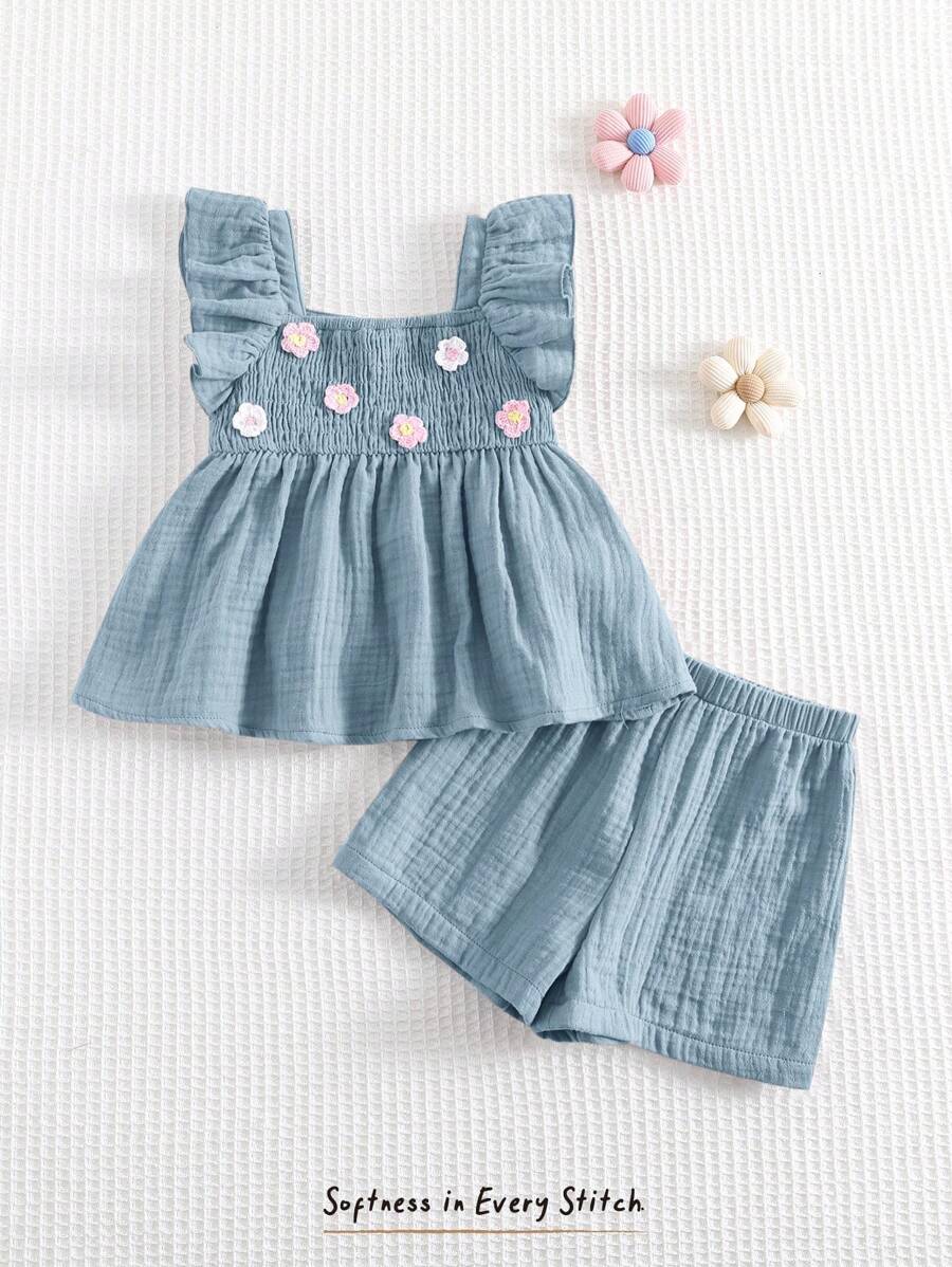 Cozy Pixies Baby Girl 3D Floral Collar Ruffle Sleeveless Top & Elastic Waist Shorts 2 Pieces Set