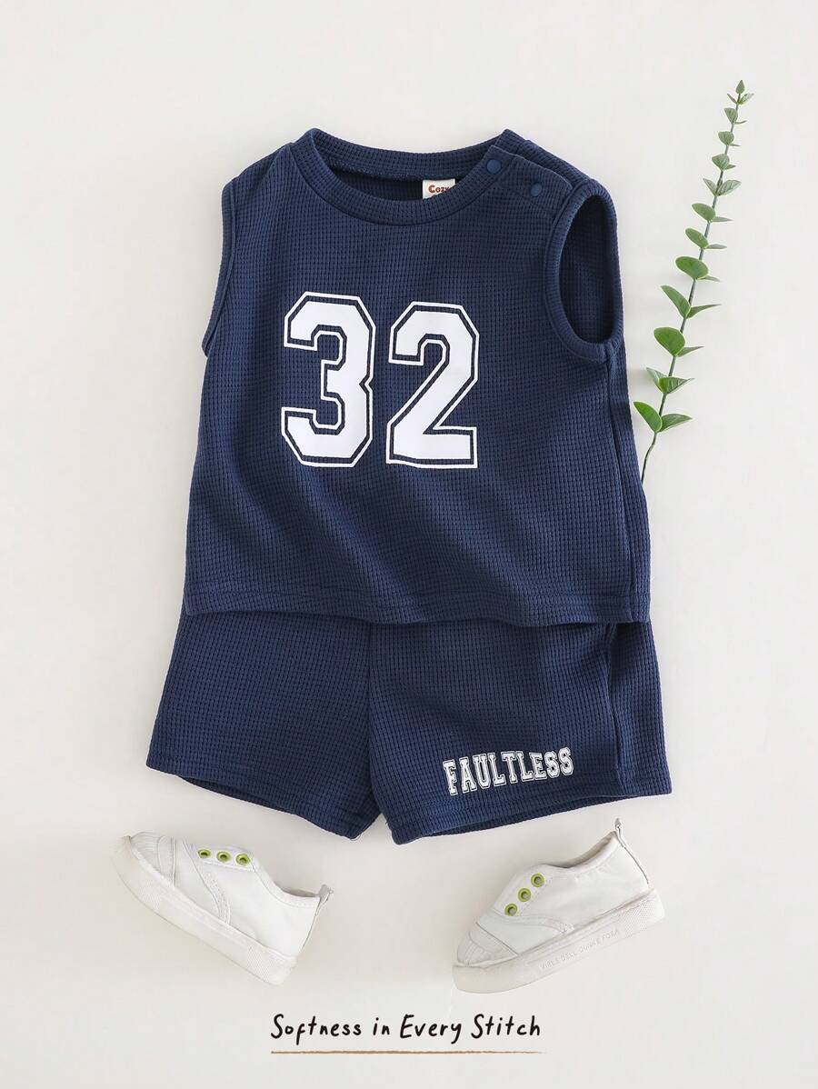 Cozy Pixies 2pcs/Set Baby Boy Letter Print Round Neck Sleeveless Tank Top And Casual Shorts