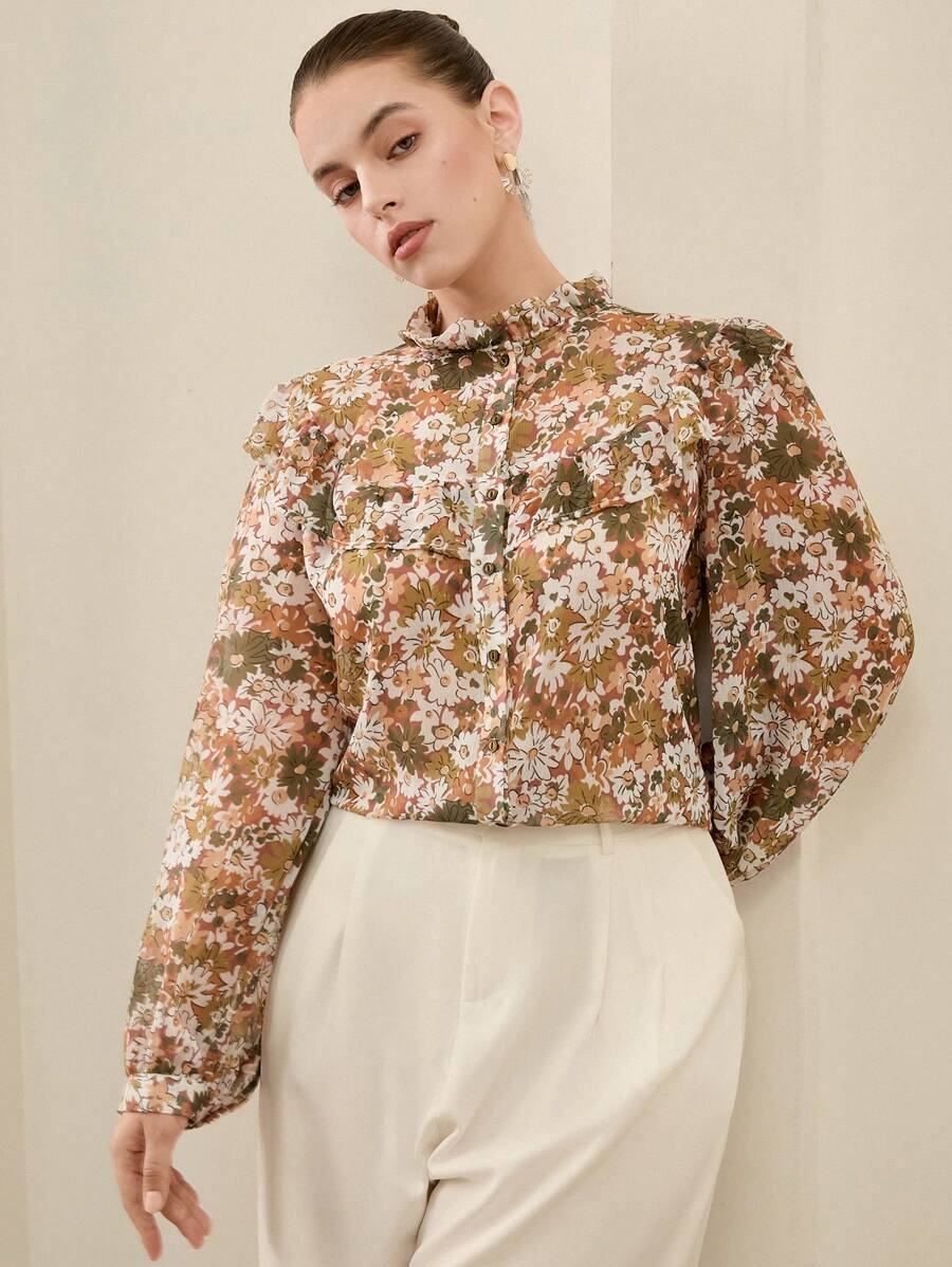Aveloria Rosie Camicia trasparente con stampa digitale e maniche lunghe, taglie forti
